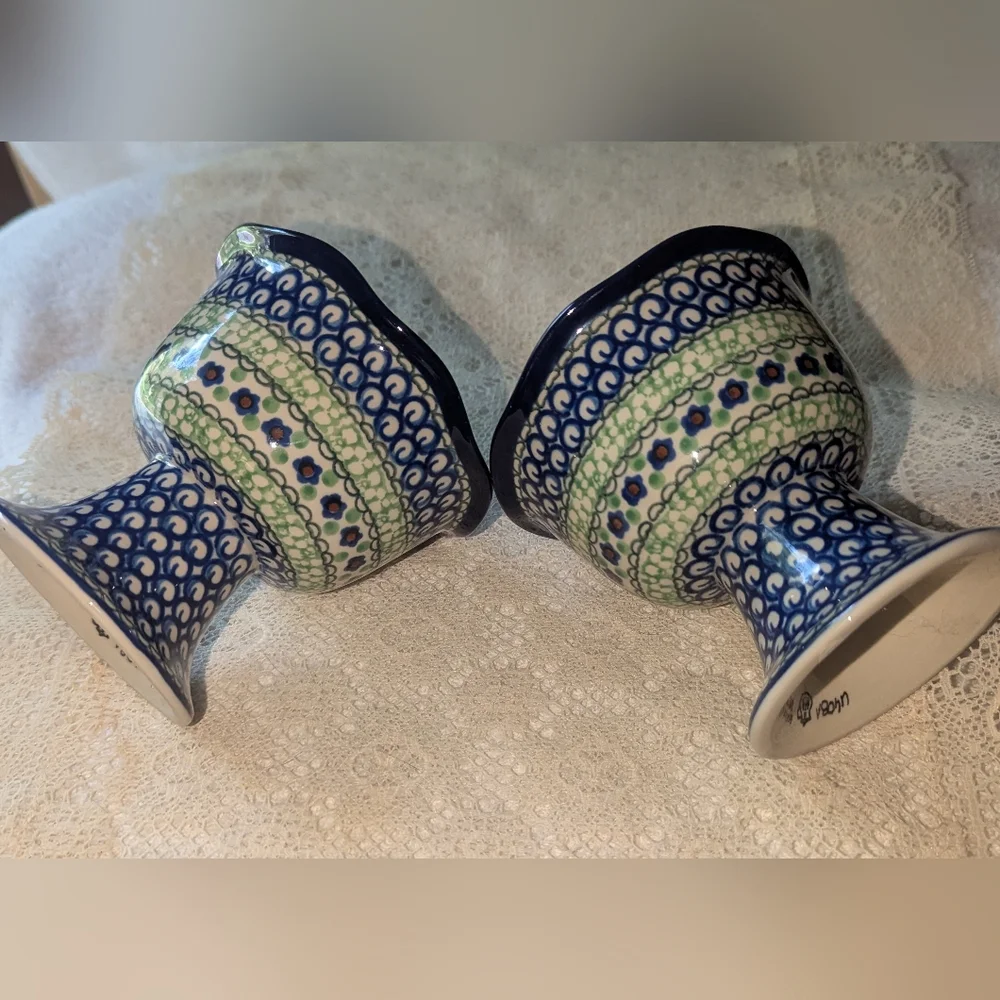 Artistic Ceramics Blue and Green Polish Footed dessert Bowls In Green Poppies .
